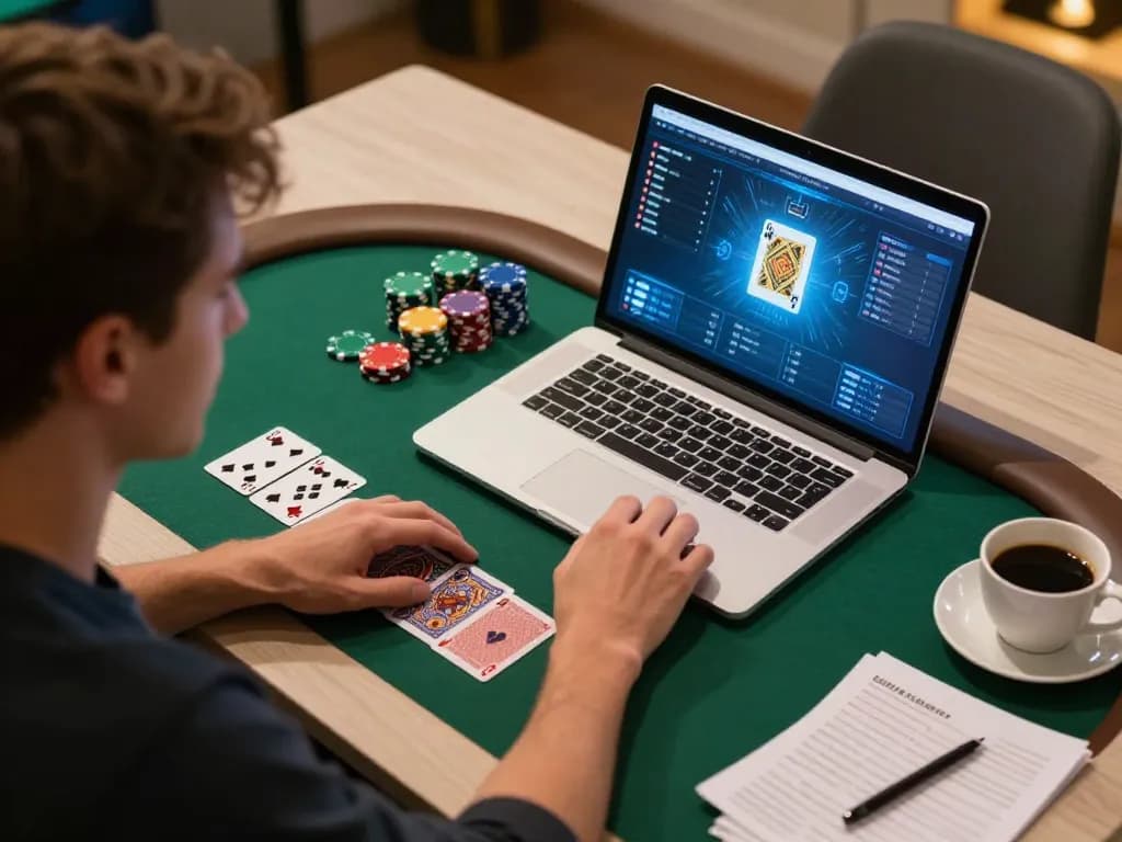Player engaging in intense online poker on a laptop, exemplifying kp88s gaming strategy.