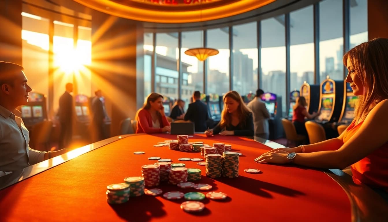 Experience the thrill of sunwin at a luxurious casino table with vibrant poker chips and cards.