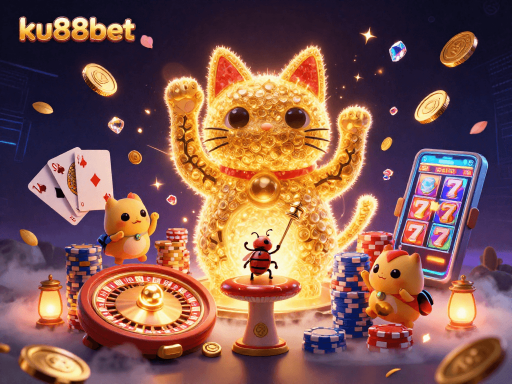 Experience the vibrant world of ku88bet with 3D lucky cat and casino symbols in a dazzling scene.