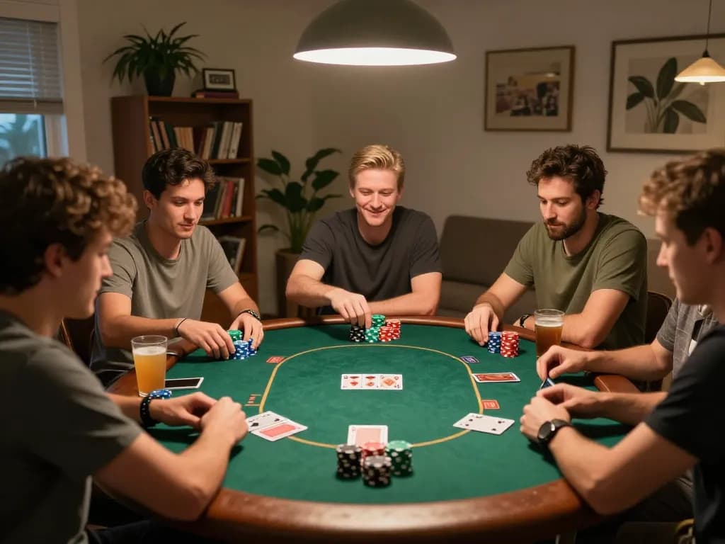 Friends enjoying an engaging poker night showcasing 79club gaming excitement with colorful chips and cards.