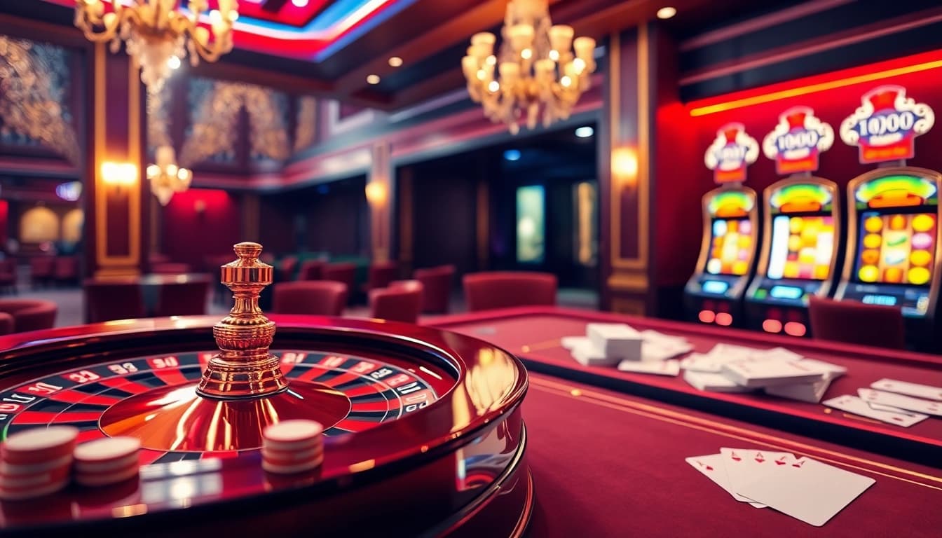 An engaging online gambling scene featuring Nhà cái bomwin with poker chips, a vibrant roulette wheel, and slot machines.