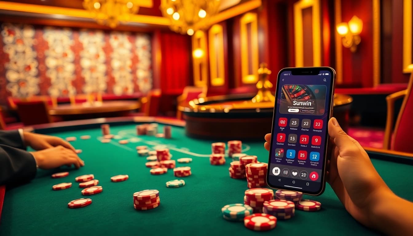 Experience the thrill of tải sunwin with vibrant casino gameplay, poker chips, and roulette.