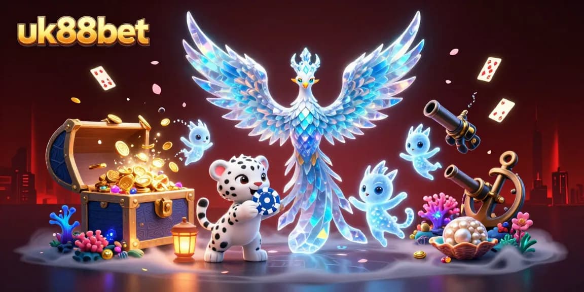 Exciting gaming action at uk88bet with an ice phoenix, glowing sprites, and treasure elements