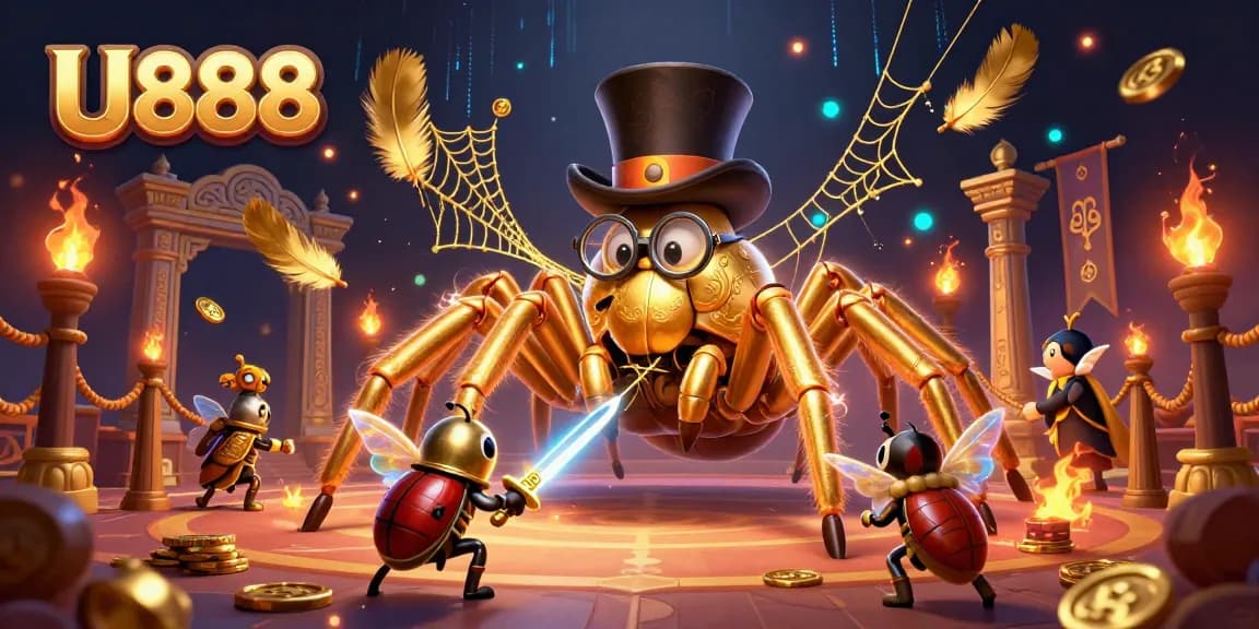 Engage with U888’s vibrant gambling world featuring a cartoonish golden tarantula and beetle knight in a betting arena.