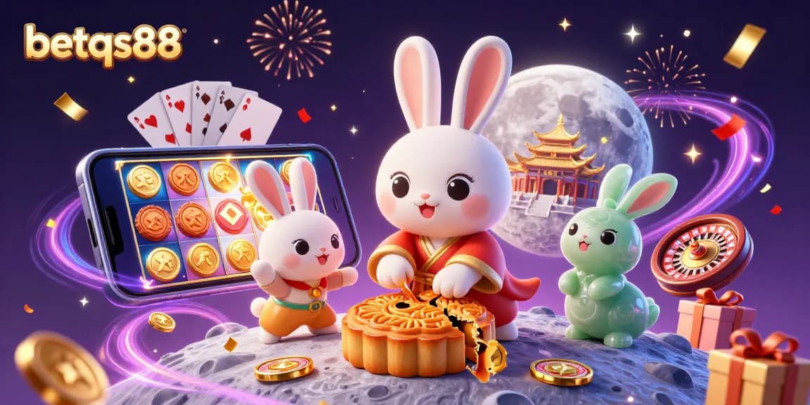 Experience excitement with betqs88 as a rabbit reveals poker chips amidst casino elements.