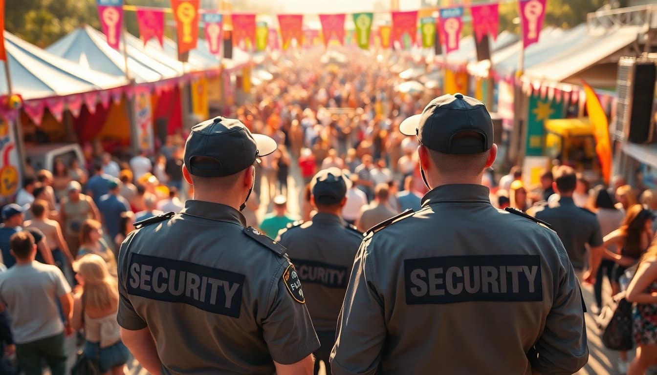 Event Security personnel diligently overseeing a busy outdoor festival scene.