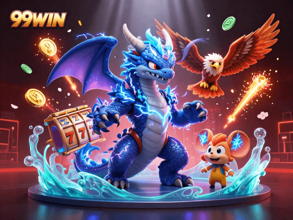 Engage with thrilling 99WIN casino action featuring vibrant slot elements and dynamic characters.