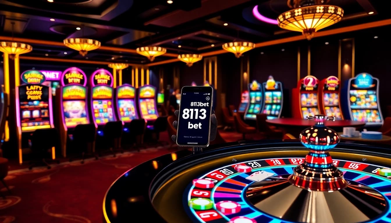 Experimente a emoção da 813bet com visuais dinâmicos de jogos de azar online, apresentando roleta e caça-níqueis.