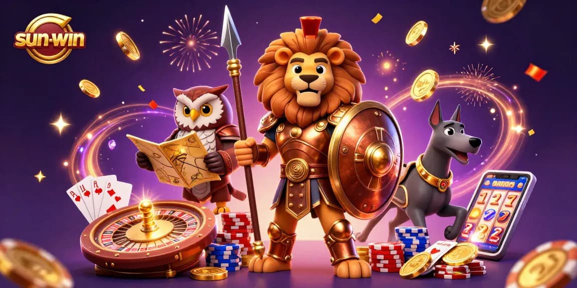 Win at sun-win with a gripping 3D illustration featuring casino characters and vibrant game elements.