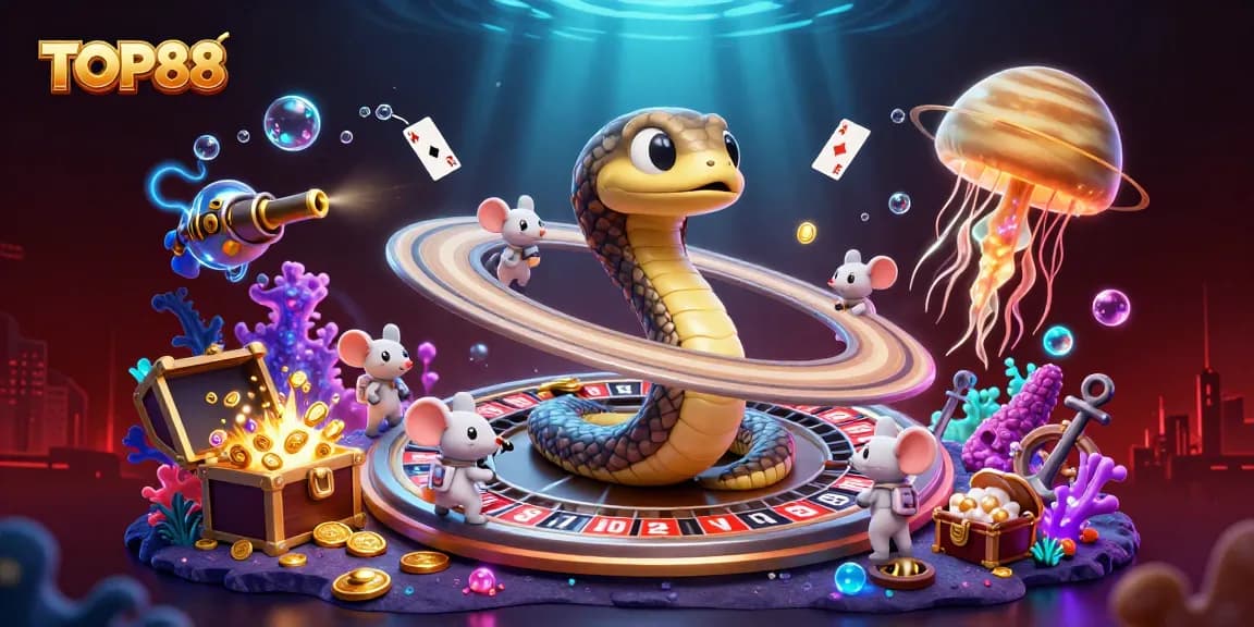 Experience the excitement of TOP88 with a vibrant cosmic slot scene featuring animated characters and casino elements.
