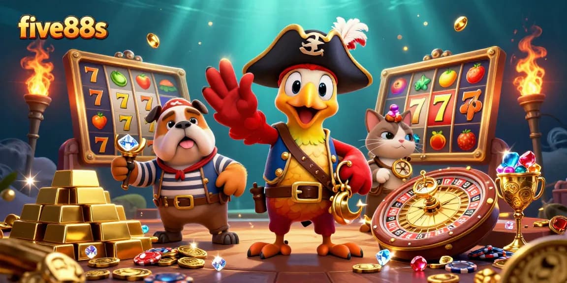 Engage in thrilling slots and jackpots at five88s with lively characters guiding your casino adventure.