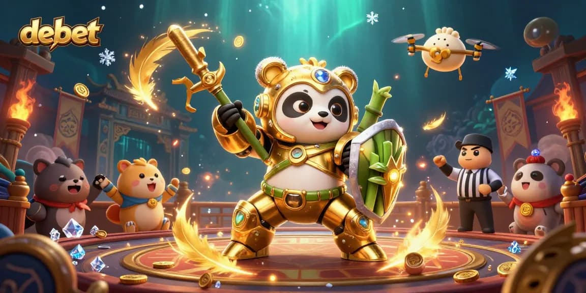 Join the fun at debet's dynamic casino arena with a golden panda robot and vibrant betting tokens.