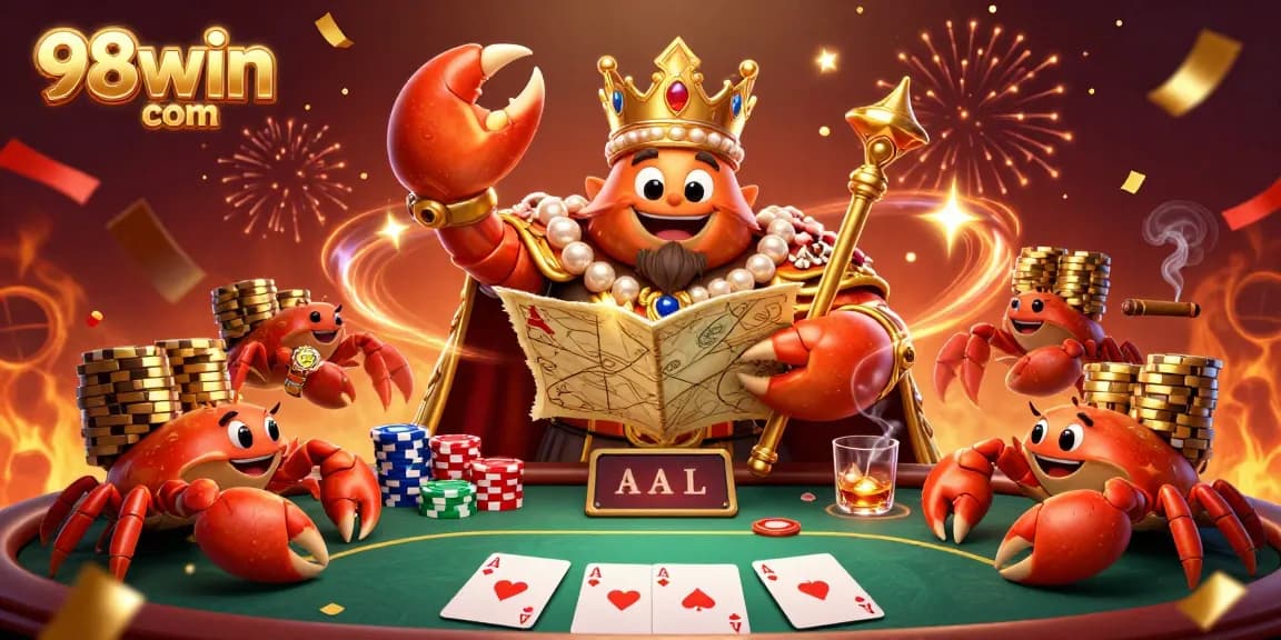 Join the excitement at 98win com, where the golden crab emperor presides over thrilling poker stakes.