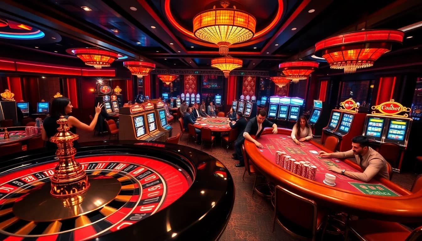 Experience the excitement of เว็บตรง soibet with a vibrant casino scene filled with roulette wheels and slot machines.