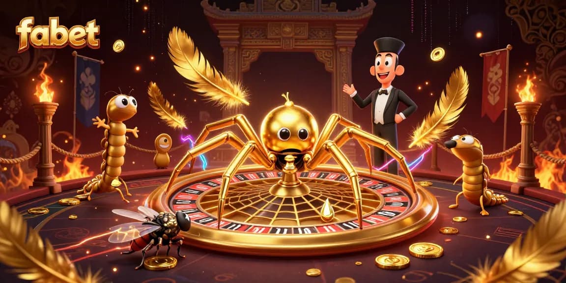 Betting on fabet's roulette wheel, led by a golden spider and a centipede croupier, in a lively casino scene.