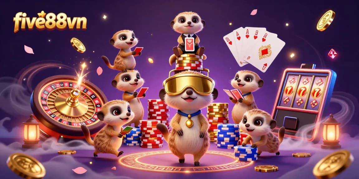Experience the vibrant action at five88vn's casino with lively meerkats managing games and a wealth of golden rewards.