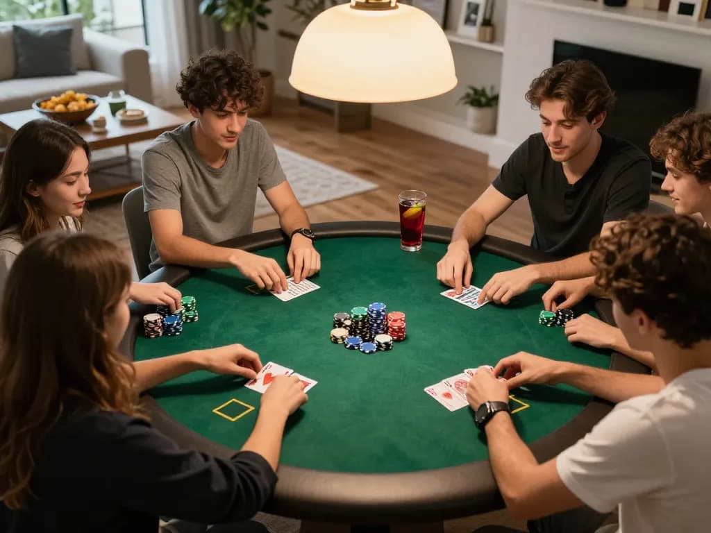rokok88 players engaged in a friendly poker game at home with chips and drinks.