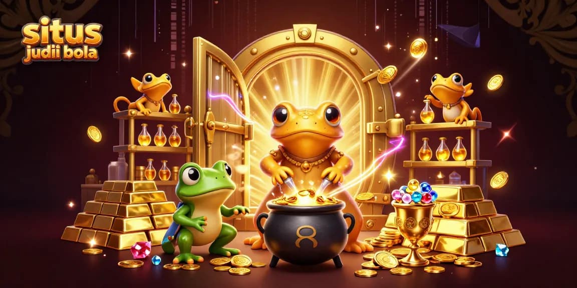 Situs judi bola dengan ilustrasi alkemis salamander dan pelajar katak dalam laboratorium berkilau