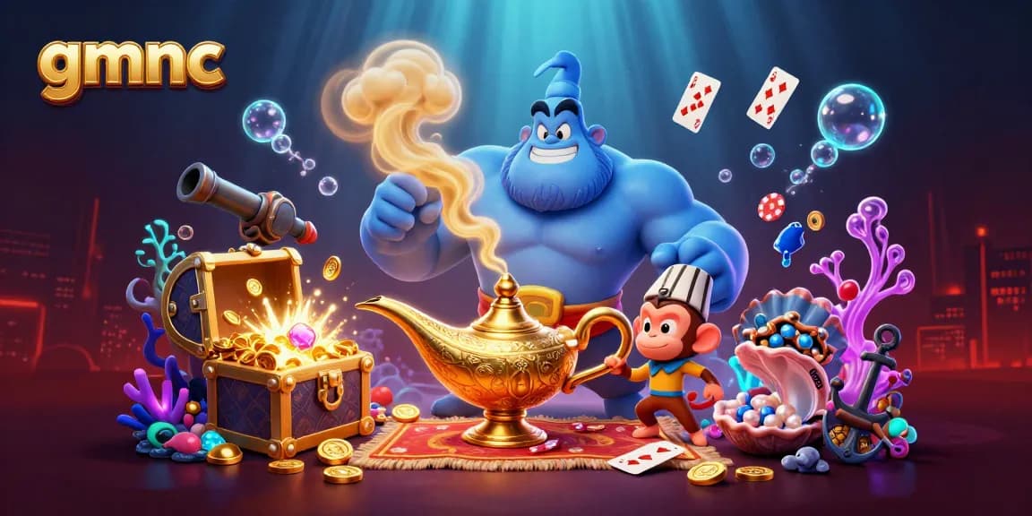 Engage with gmnc's vivid casino adventure through a 3D genie scene exploding with riches and excitement.