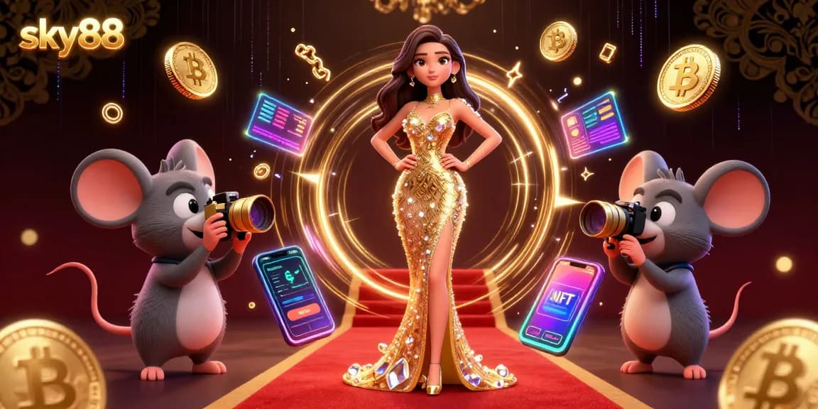 Experience the thrill of sky88 with an ultra-detailed 3D illustration showcasing exciting gambling elements and a glamorous setting.