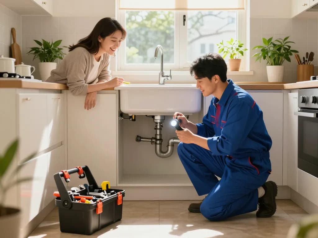 Encanador em São Paulo providing professional plumbing service in a cozy kitchen.