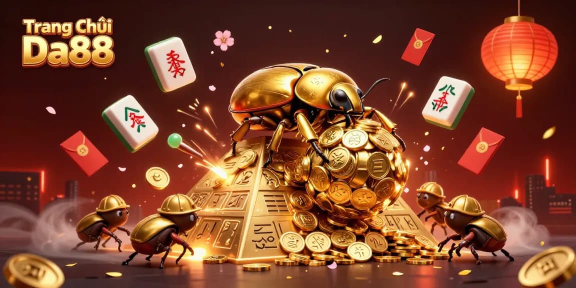 Experience the excitement of Trang Chủ Da88 with golden beetles and casino elements in stunning 3D art.