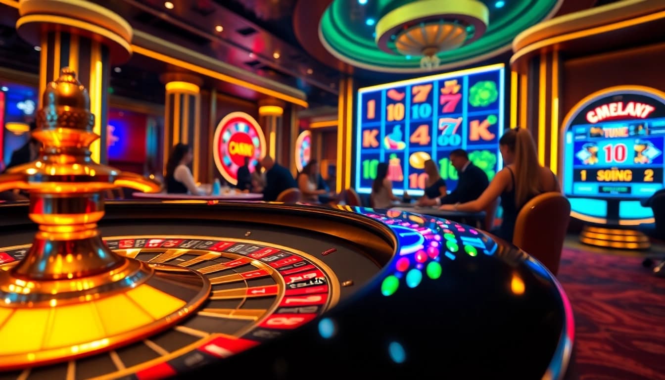 Exciting gameplay at https://gg88.ltd/ featuring roulette and poker chips in a vibrant casino atmosphere.