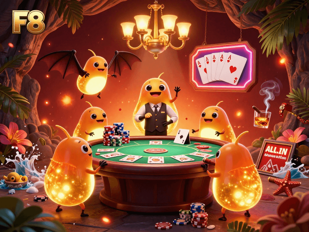 Experience the vibrant F8bet cave casino lit by glowworms with a bat dealer, emphasizing exciting gambling.