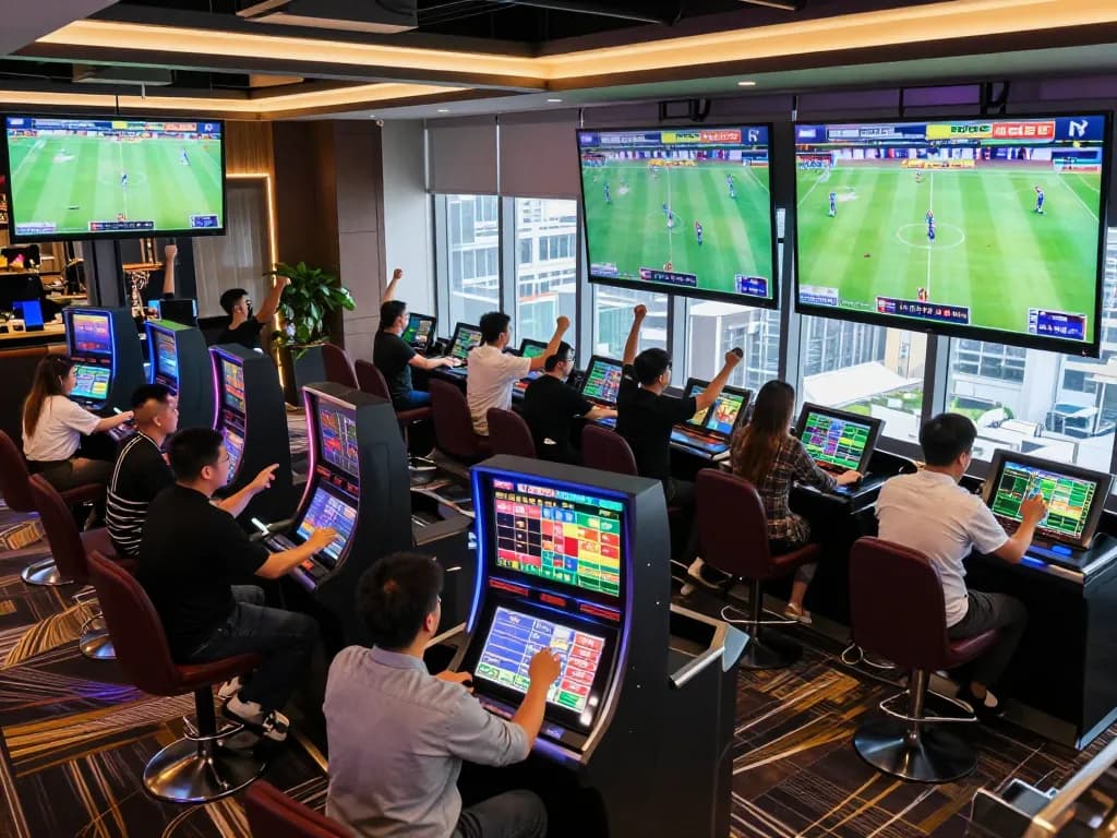 Gamblers engaging in sports betting excitement at ONE88 casino, showcasing live game displays and vibrant atmosphere.
