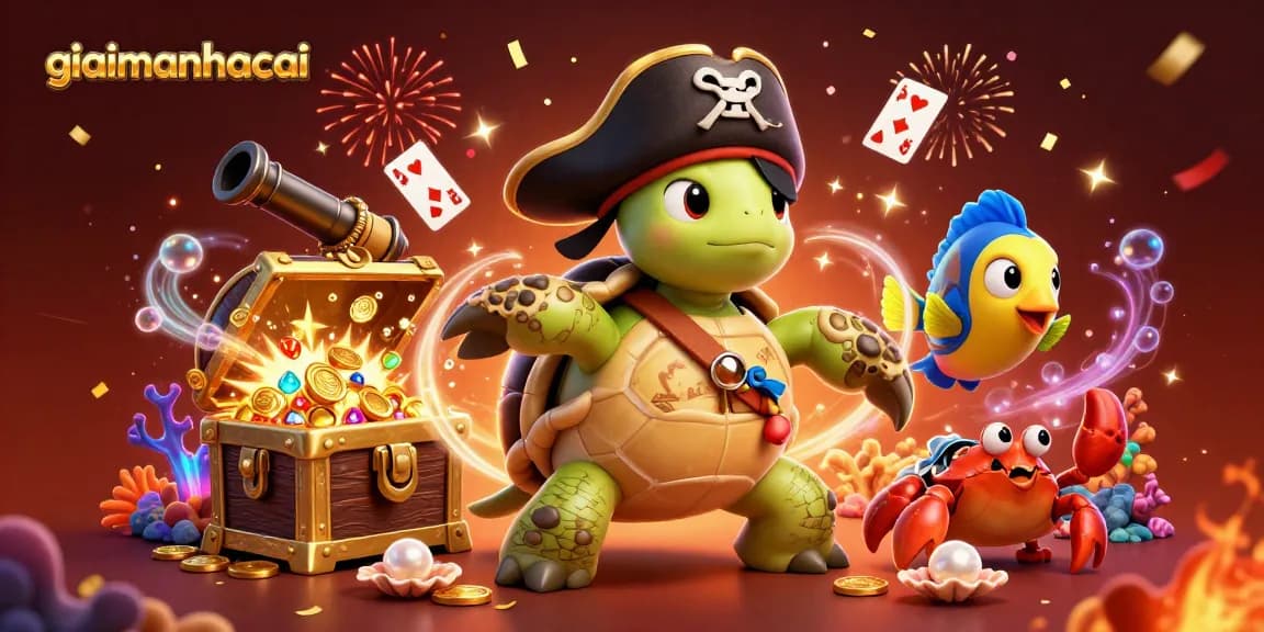 Engage with the giaimanhacai scene featuring a pirate turtle and colorful treasures in a dynamic casino illustration.