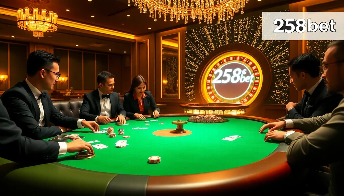 A high-stakes poker game at 258bet casino, featuring elegant players and glimmering poker chips.