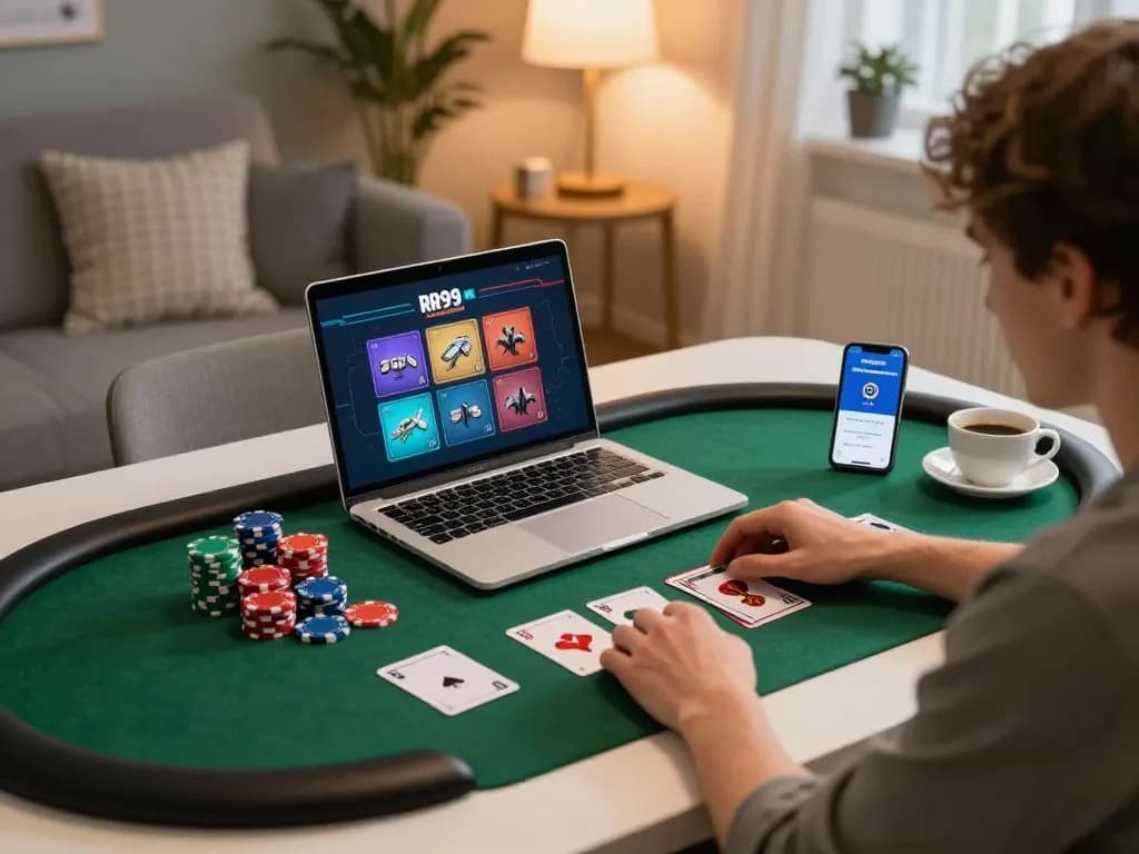 Engaging with online poker game on RR99 COM platform in a cozy home gaming setup