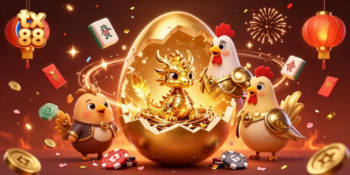 Experience the excitement of tx 88 with a captivating 3D golden dragon and vibrant casino elements.