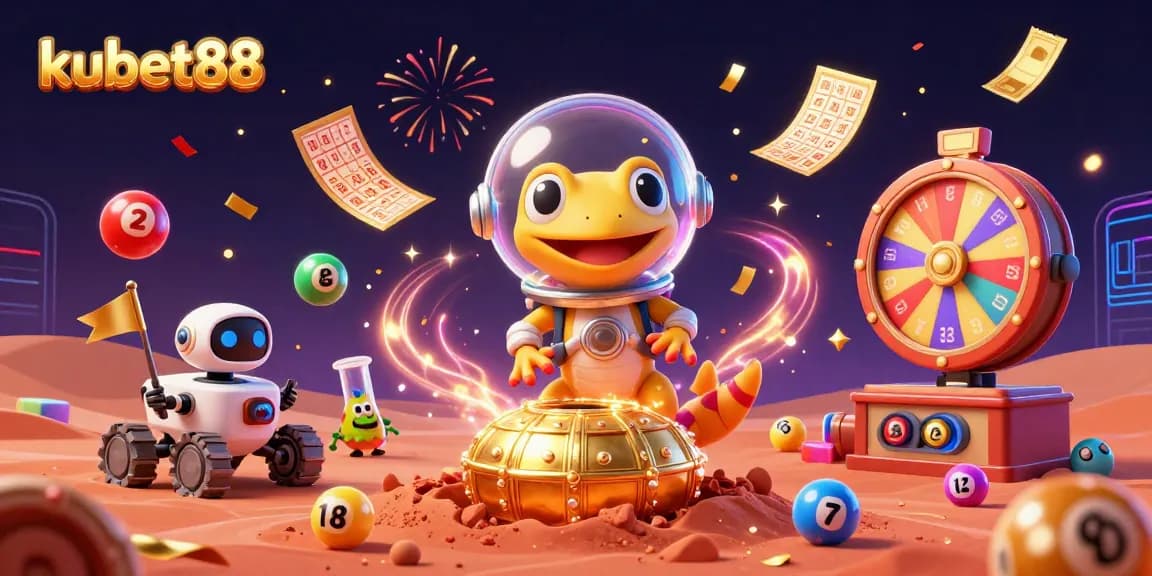 Experience thrill with Kubet88 in a vibrant 3D digital illustration of a cosmic casino adventure.
