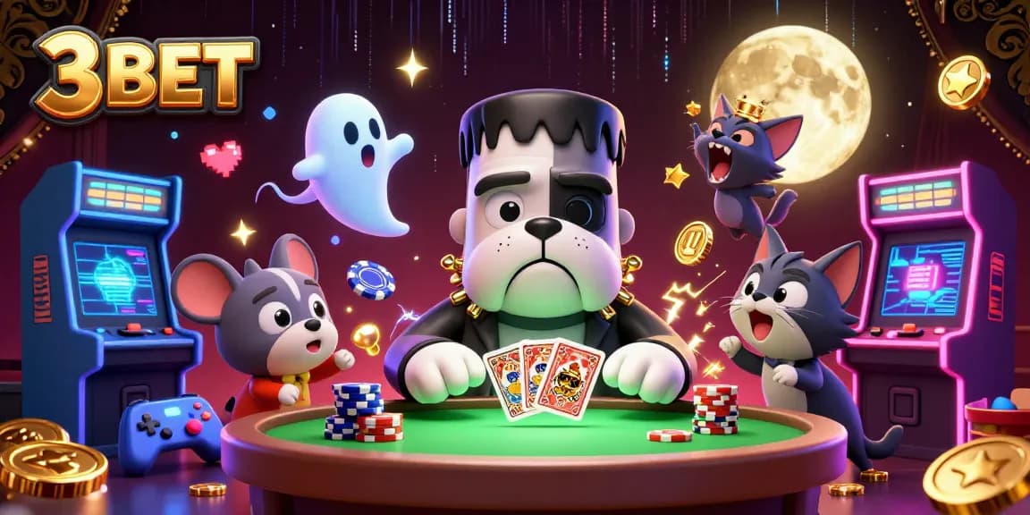 Engage with 3 BET as the Frankenstein bulldog monster deals cards in a vibrant casino setting.
