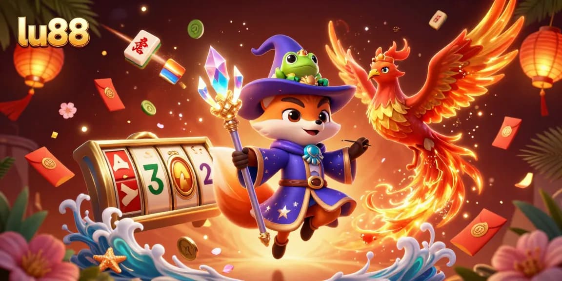 Experience thrilling action at lu88 with a mystical wizard and phoenix, showcasing exciting gaming elements.