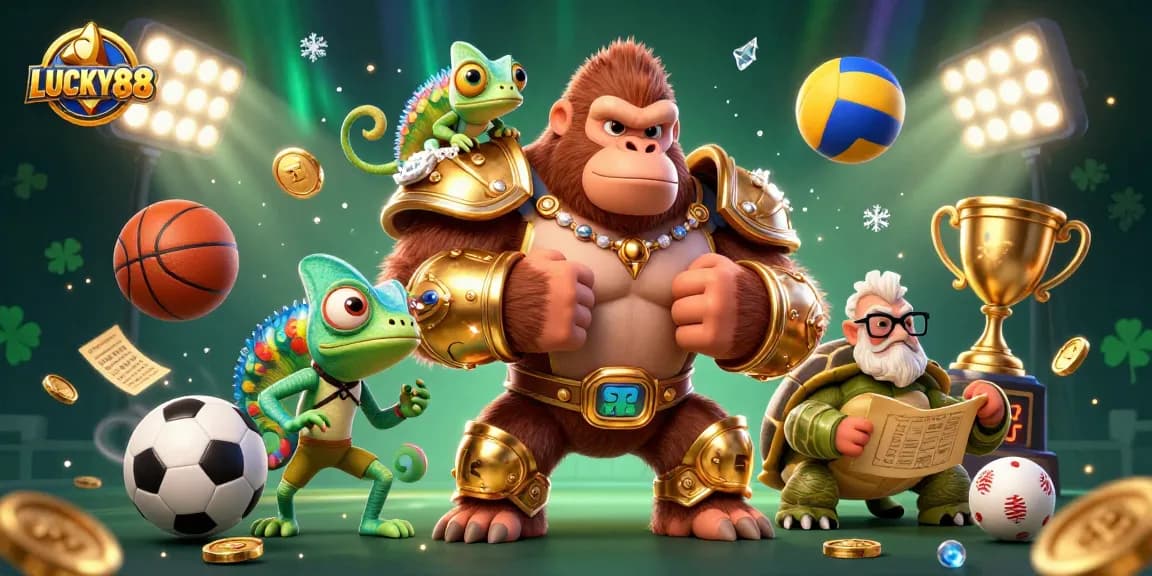 Place your bets with LUCKY88 as the powerful gorilla king leads a winning sports team.