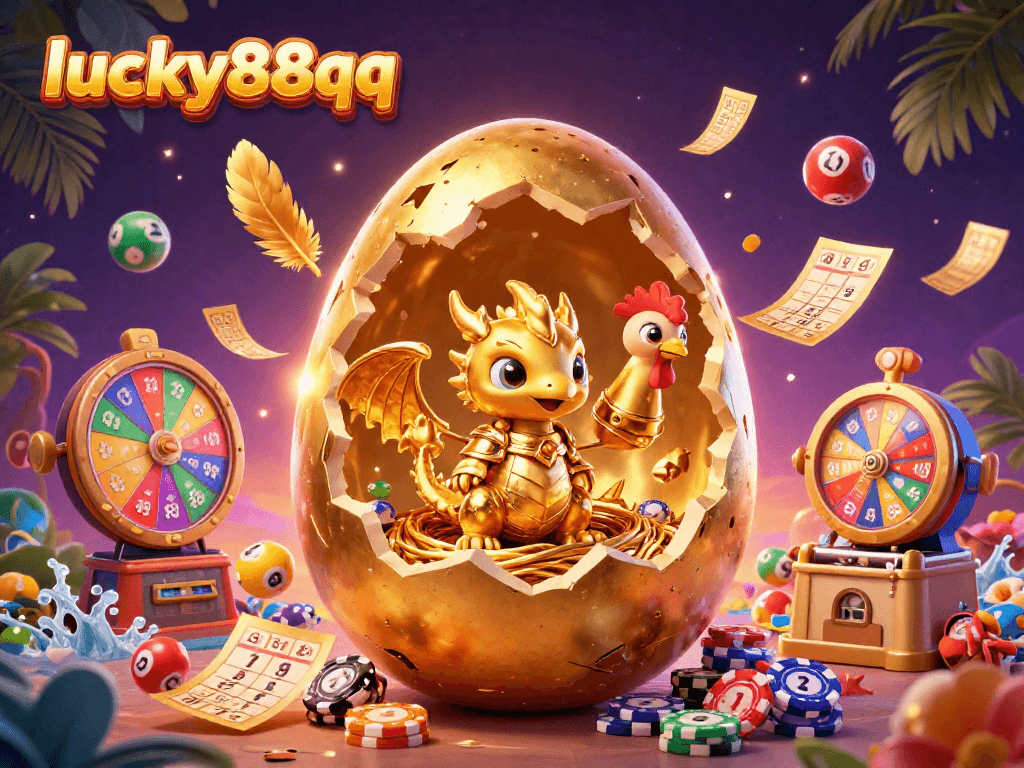 Experience the excitement at lucky88qq with a golden dragon nestled in poker chips amidst vibrant casino elements.