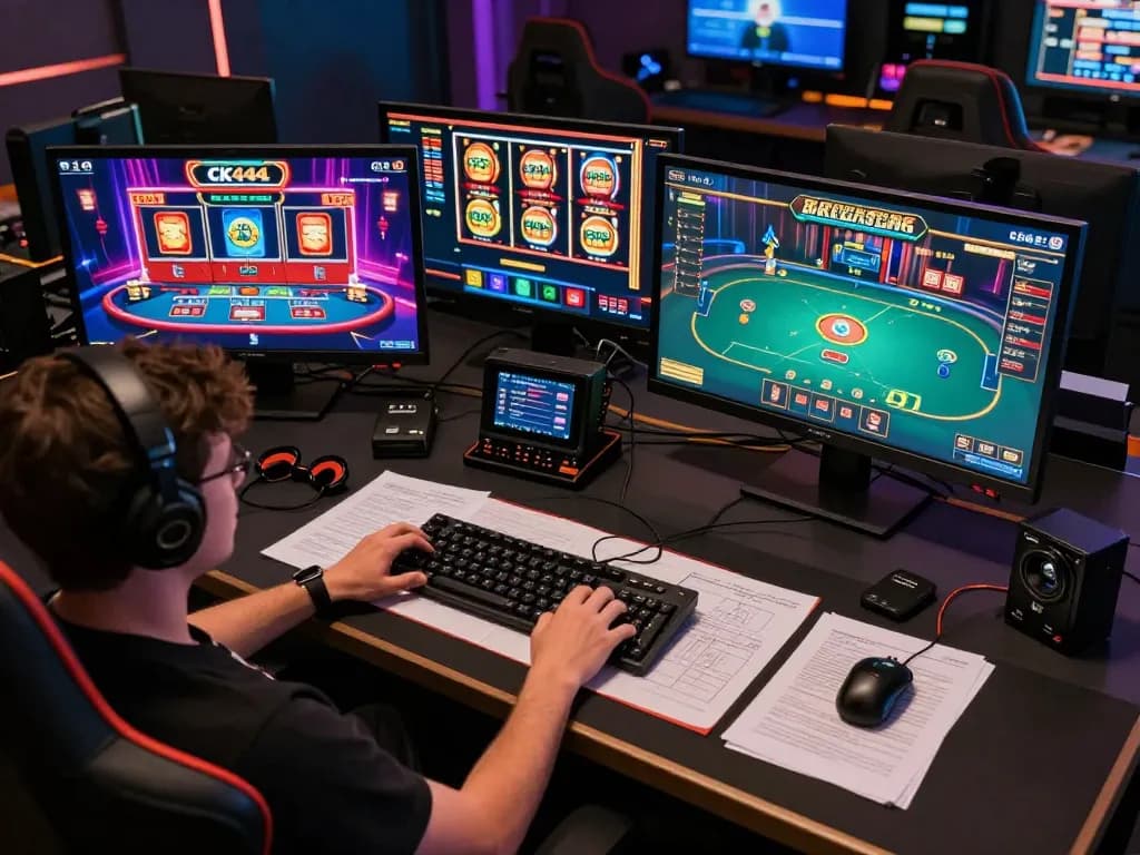 Engaged player explores various games on CK444 gaming setup in a professional home office