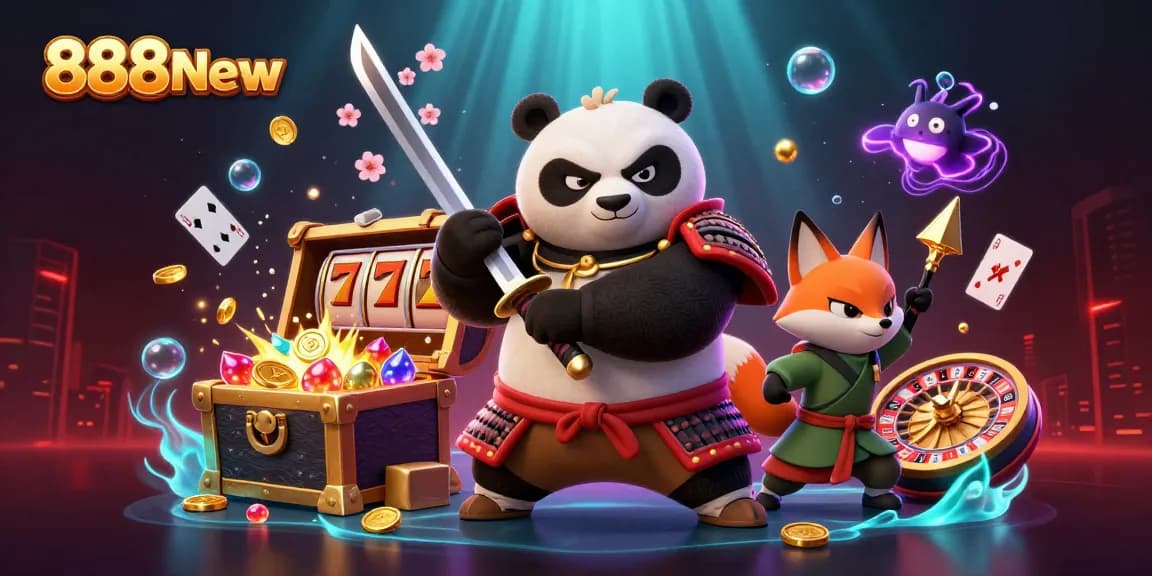 Engage with 888New's thrilling gaming experience featuring samurai panda and ninja fox in vibrant action.