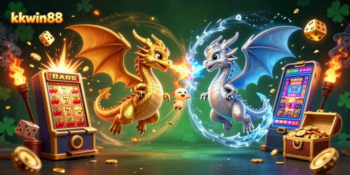 Experience excitement with kkwin88 as golden and silver dragons battle amid a vibrant casino scene.