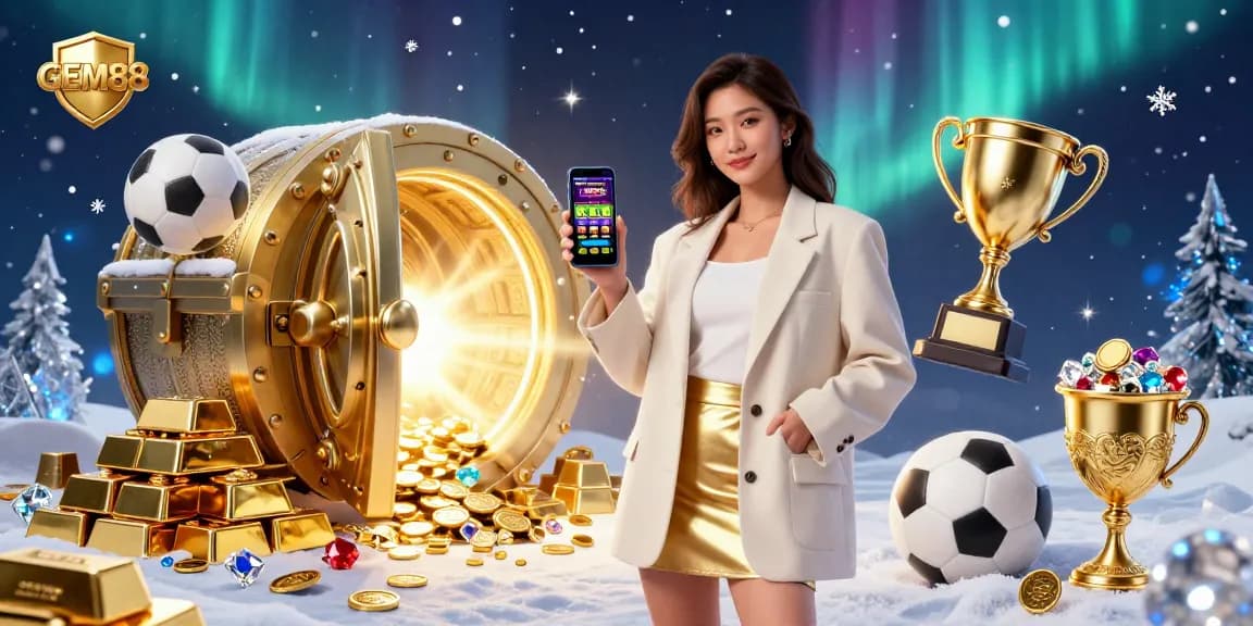Experience GEM88 sports betting with an Asian woman holding an app, surrounded by gold and gaming elements.