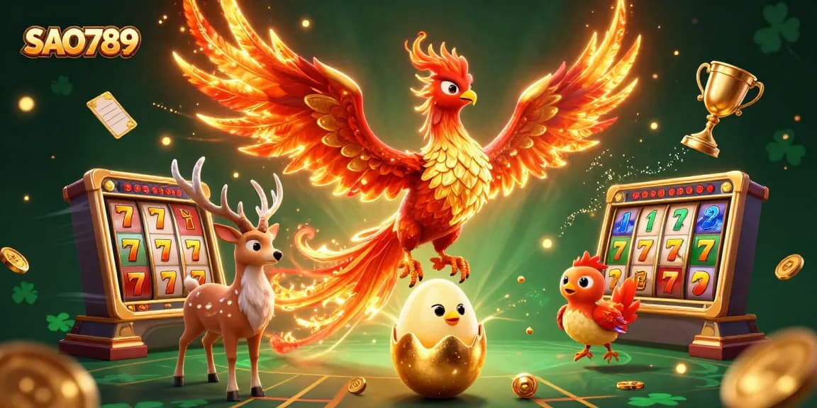 SAO789 offers thrilling gaming with a vibrant phoenix and dynamic slot elements in action.