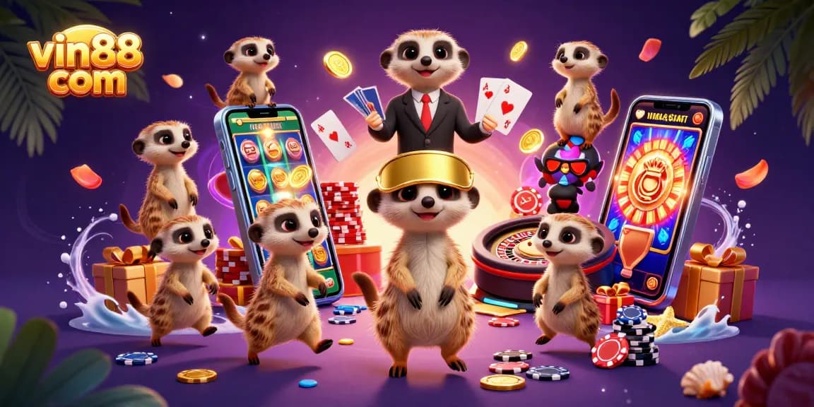 Experience the excitement of vin88 com casino with playful meerkats enjoying games and prizes.