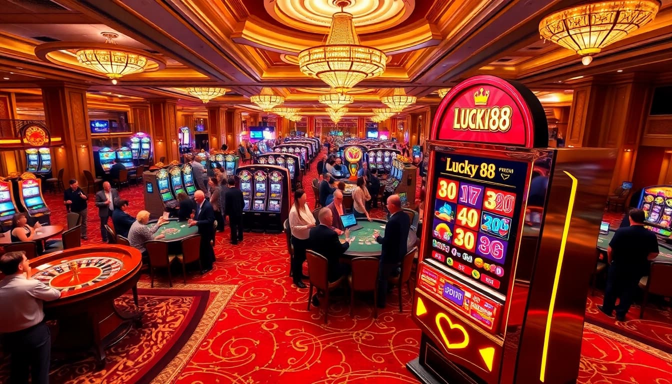 Gamblers enjoying the exhilarating atmosphere at the Lucky88 casino with vibrant slot machines.