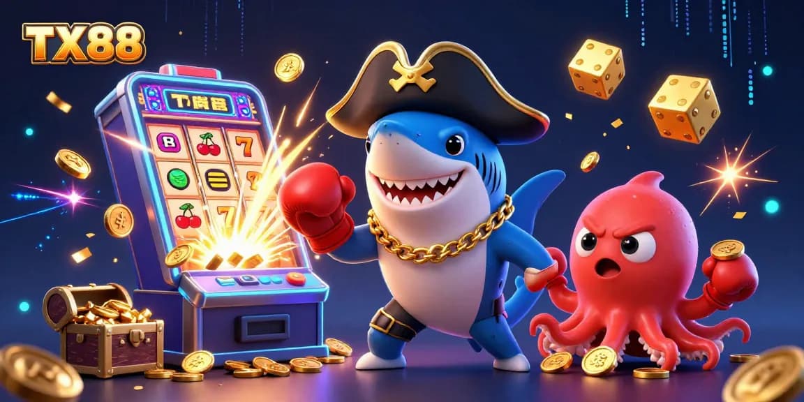 Engage with TX88's vibrant 3D cartoon world featuring a pirate shark, gold coins, and casino excitement.