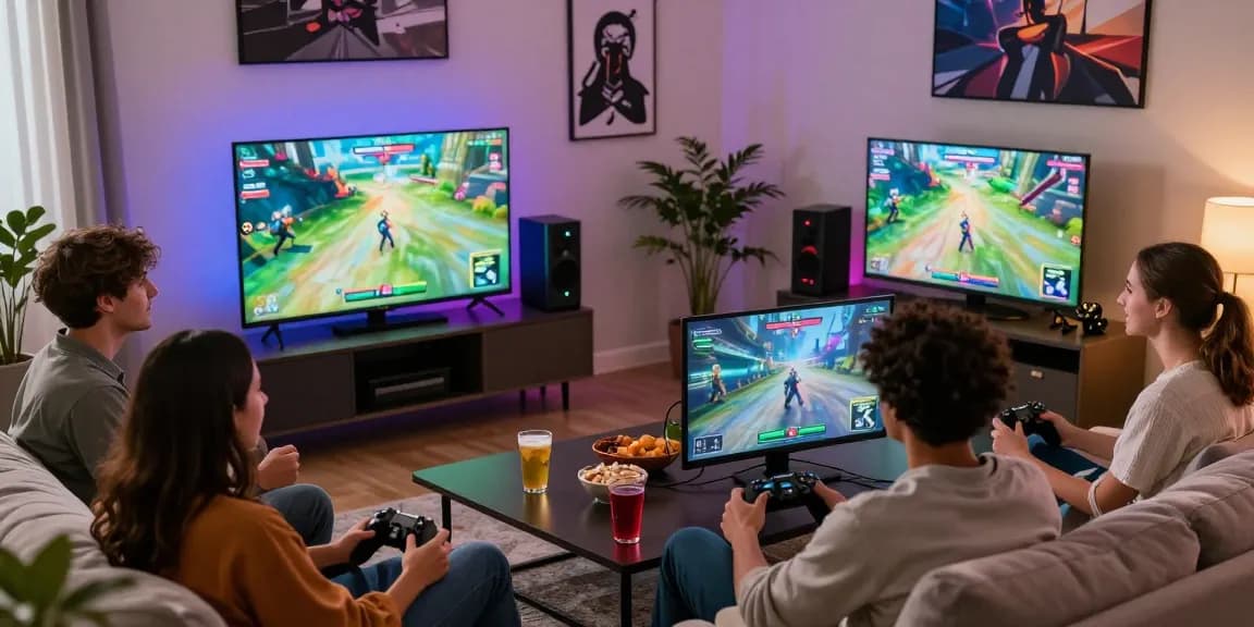 Group enjoying a gaming session in a cozy living room with rokok88 link alternatif displayed on the screen.