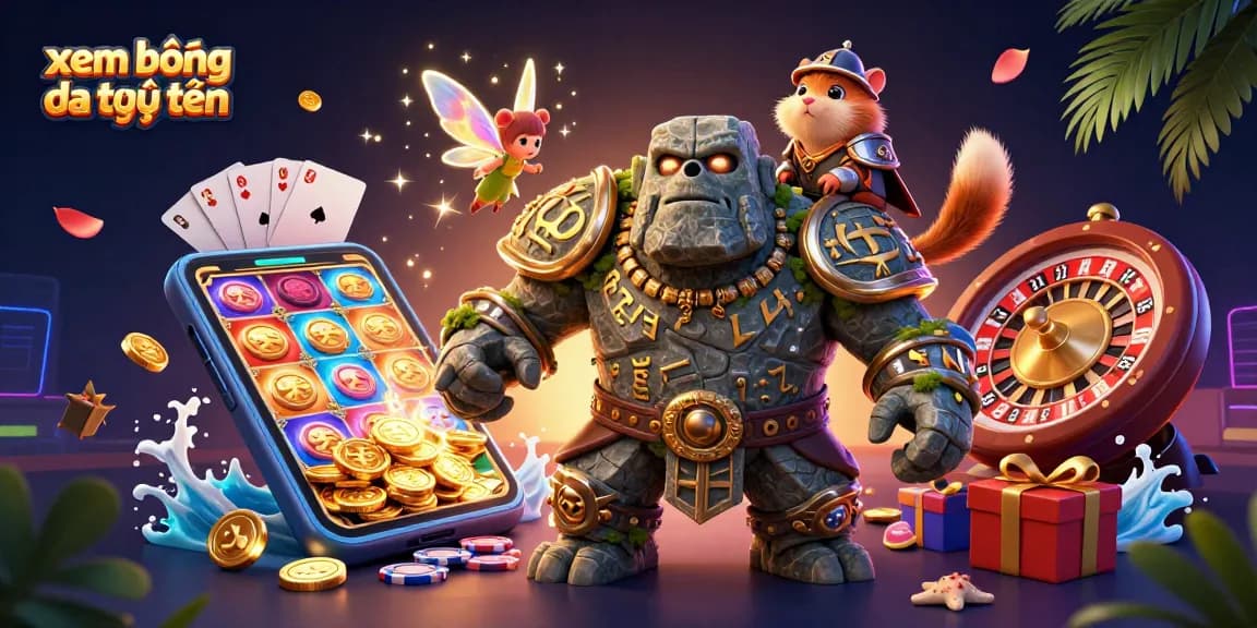 Experience xem bóng đá trực tuyến with vibrant casino-themed fantasy illustration showcasing action and excitement.