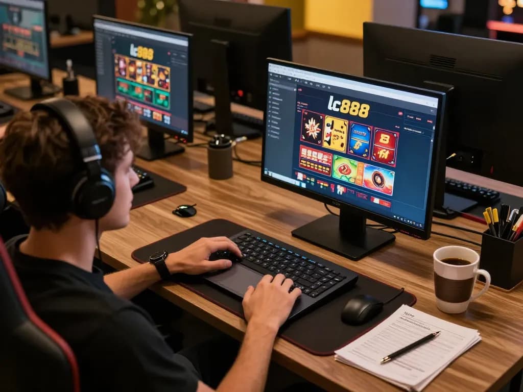 Engaging in lc888 online gaming with a dynamic laptop setup and cozy atmosphere