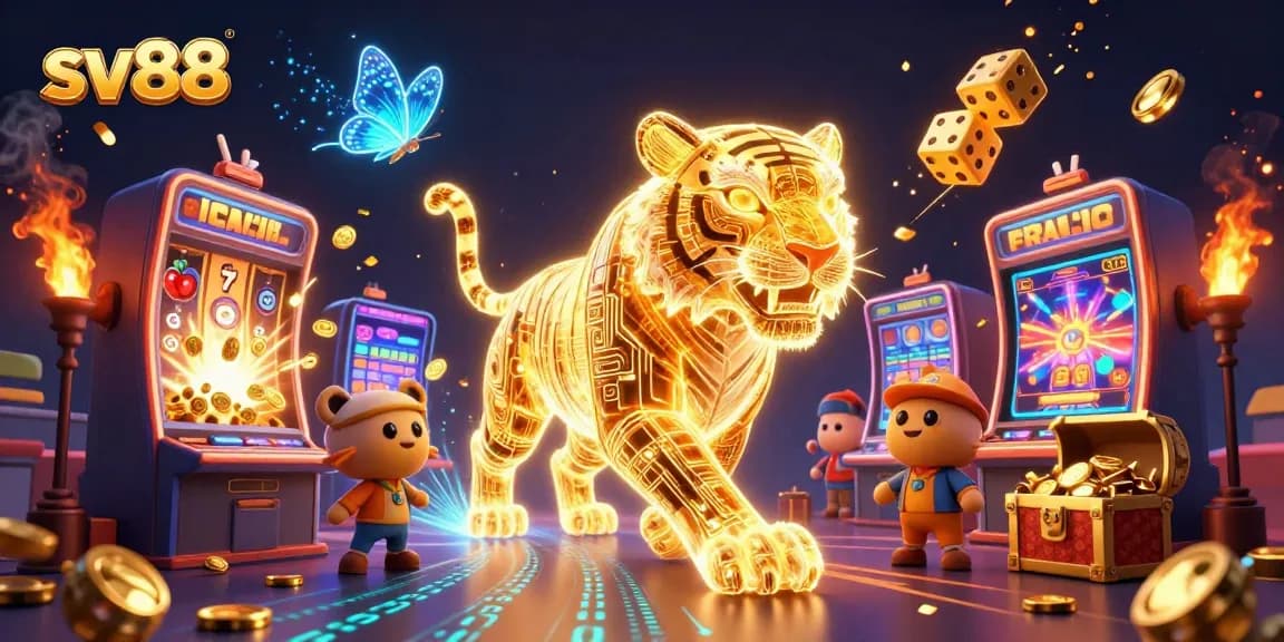 sv88 showcases an energetic 3D casino scene featuring a golden tiger amidst a jackpot explosion.